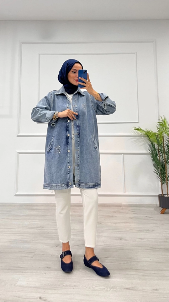 Taşlı tunik ceket kar yıkamalı mavi d2516
