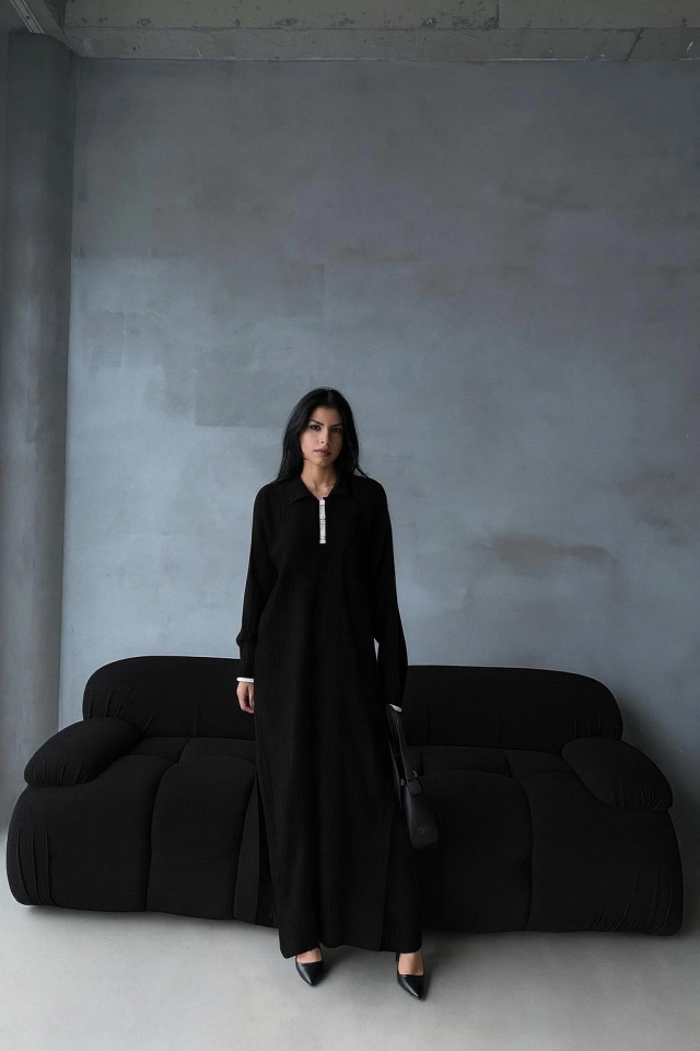 Pantolon yırtmaçlı elbise ikili triko takım siyah elf