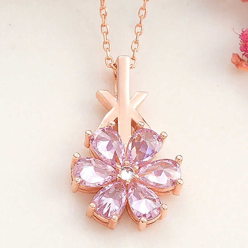 925 Ayar Gümüş Rose Pembe Sevgi Çiçeği Kadın Kolye T8179 (1077)