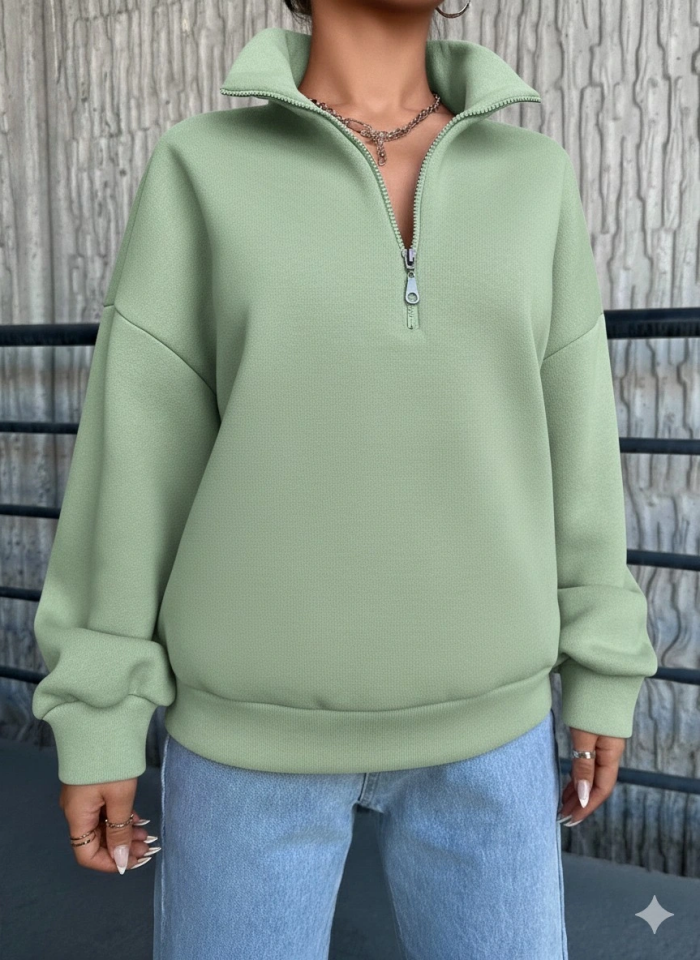 3 iplik Şardonlu yarım fermuarlı sweatshirt mint