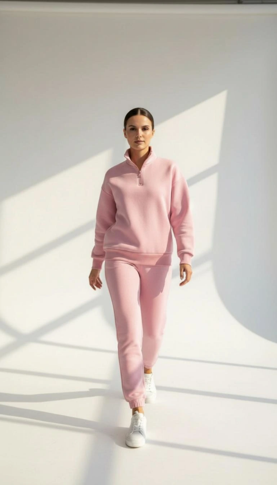 3 iplik Şardonlu yarım fermuarlı sweatshirt somon