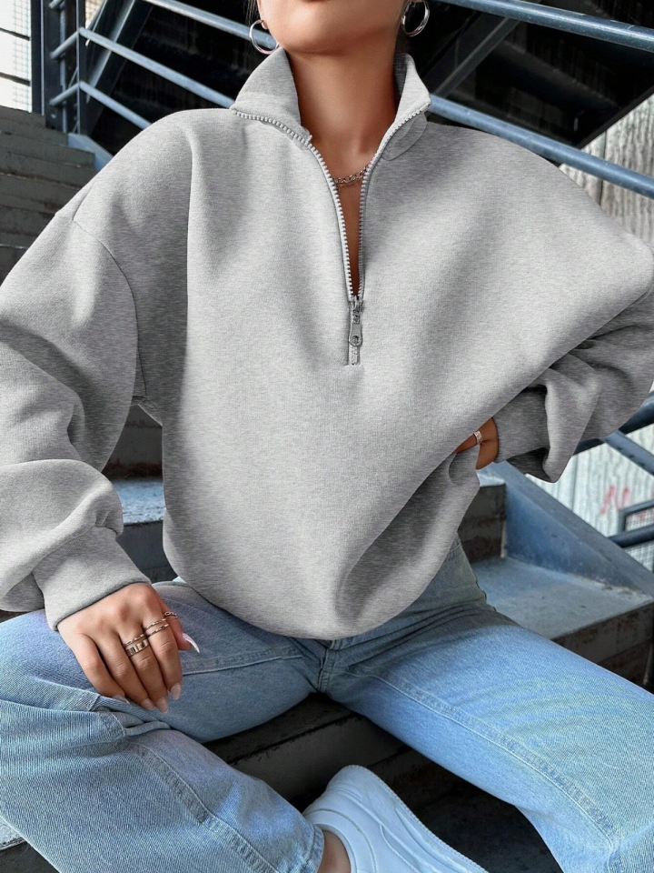 3 iplik Şardonlu yarım fermuarlı sweatshirt gri L - Gri