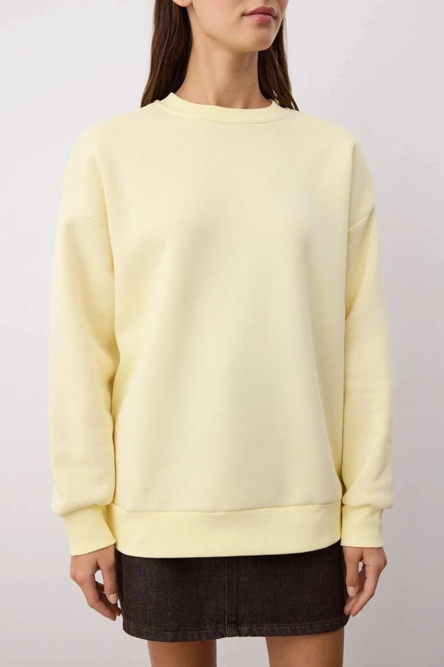3 iplik şardonlu bisiklet yaka sweatshirt sarı