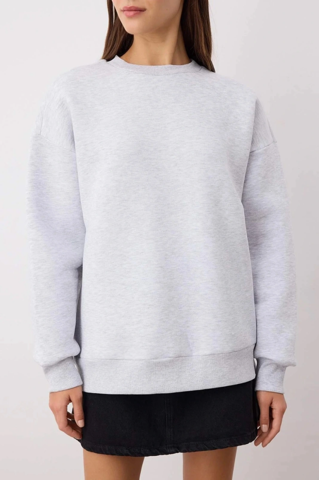 3 iplik şardonlu bisiklet yaka sweatshirt gri