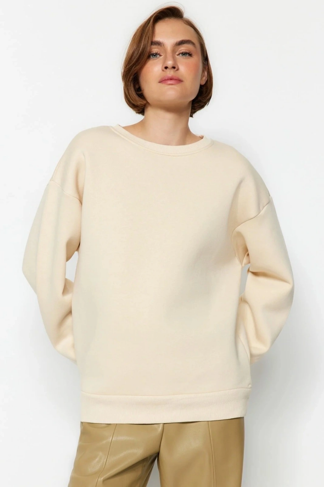 3 iplik şardonlu bisiklet yaka sweatshirt bej