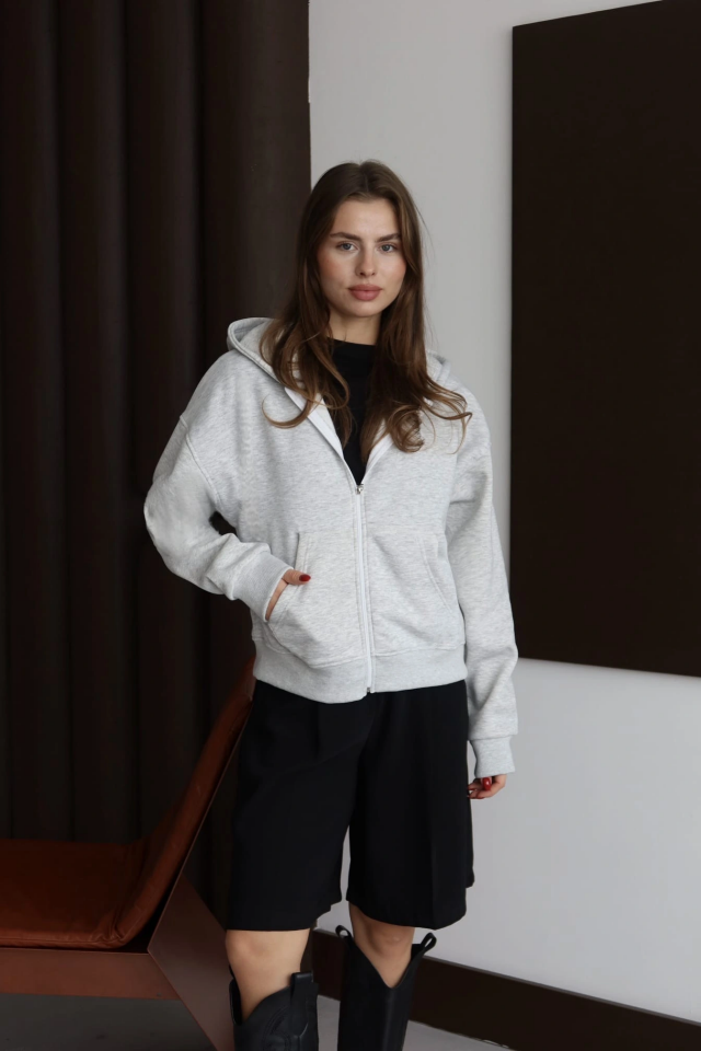 3 iplik şardonlu kapşonlu hoodie frm gri p510437 L - Gri