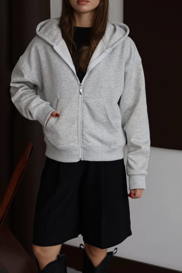 3 iplik şardonlu kapşonlu hoodie frm gri p510437