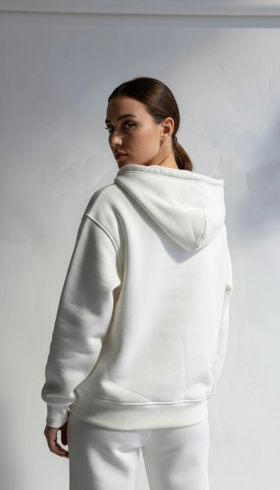 3 iplik şardonlu kapşonlu hoodie frm beyaz p510437