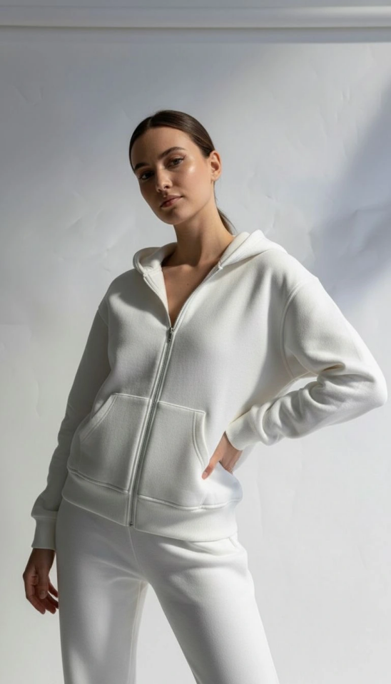 3 iplik şardonlu kapşonlu hoodie frm beyaz p510437