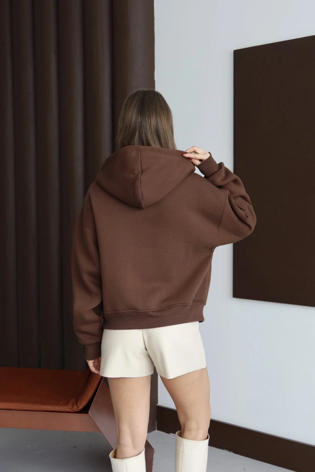 3 iplik şardonlu kapşonlu hoodie frm kahve p510437 L - Kahve