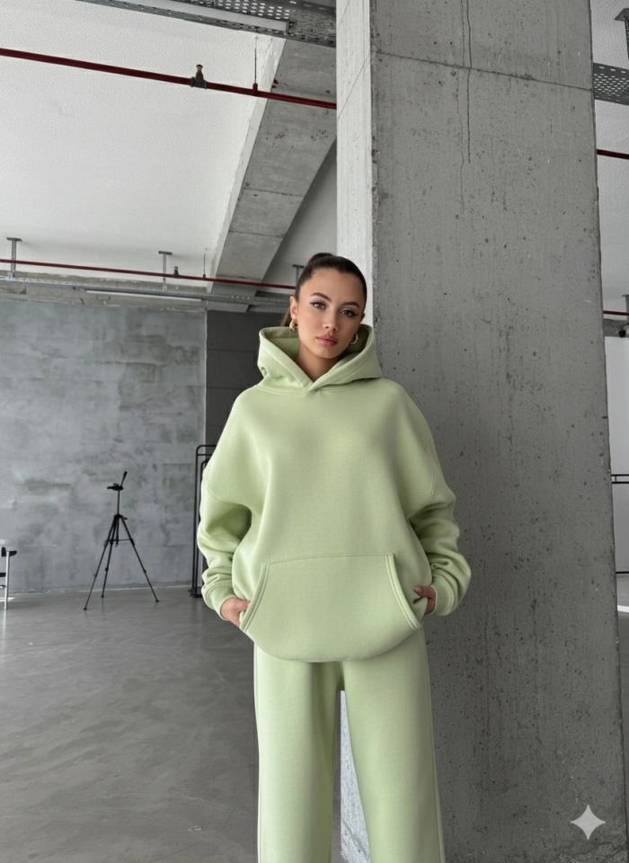 3 iplik şardonlu kapşonlu sweatshirt mint p510436