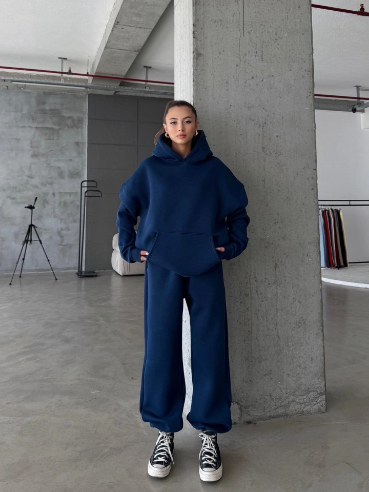 3 iplik şardonlu kapşonlu sweatshirt lacivert p510436 L - Lacivert