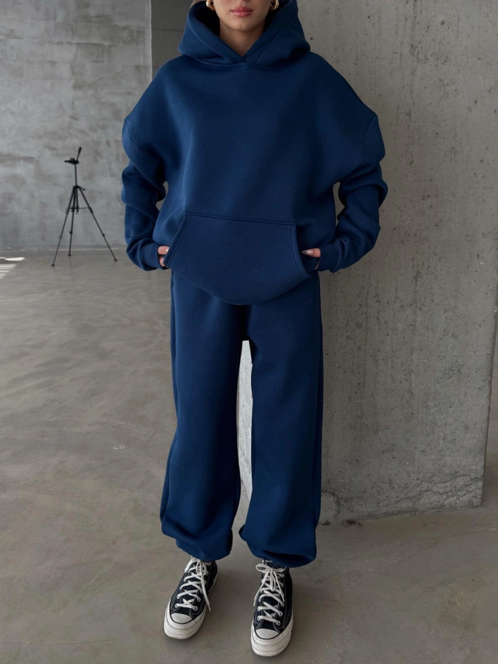 3 iplik şardonlu kapşonlu sweatshirt lacivert p510436