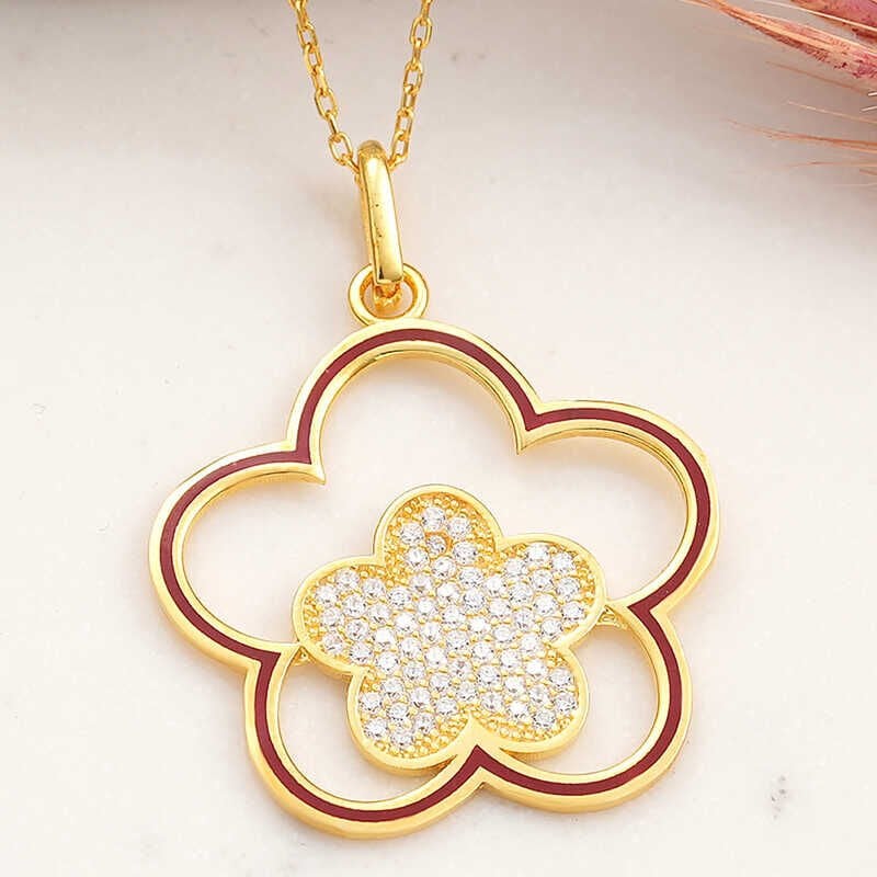 ​925 Ayar Gümüş Gold Çiçek Desenli Kadın Kolye T8200 (1077)