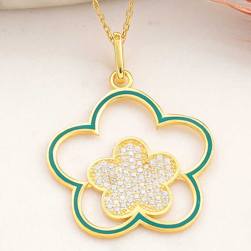 925 Ayar ​Gümüş Gold Çiçek Desenli Kadın Kolye T8201 (1077)