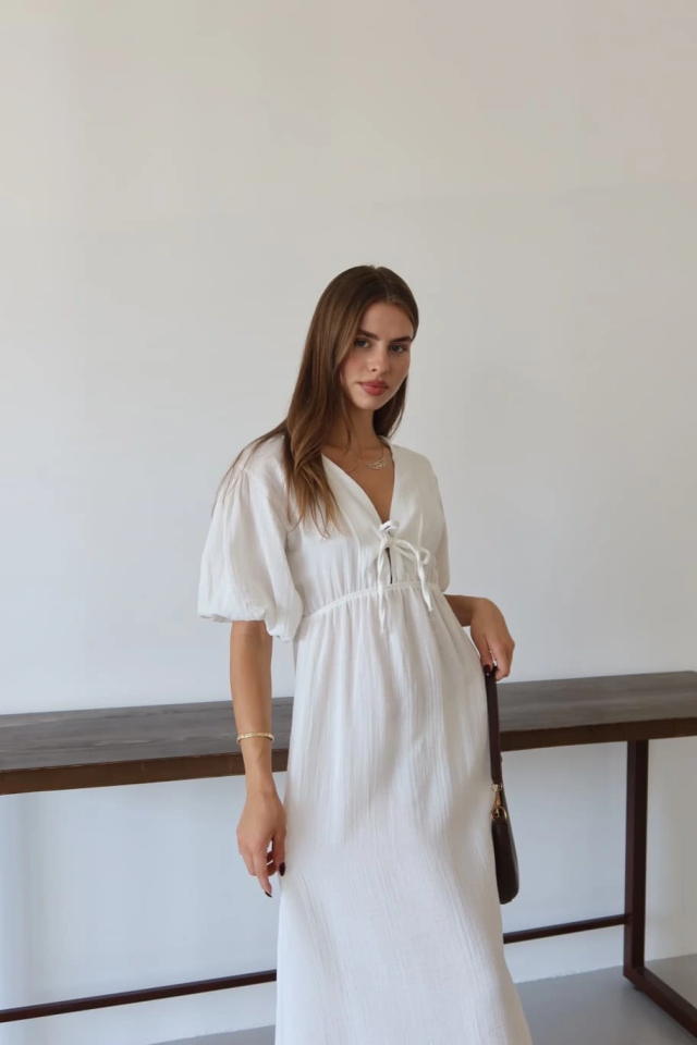 Kısa kollu müslin elbise beyaz pt L - Beyaz