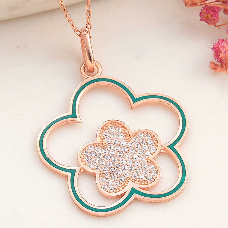 925 Ayar ​Gümüş Rose Çiçek Desenli Kadın Kolye T8203 (1077)