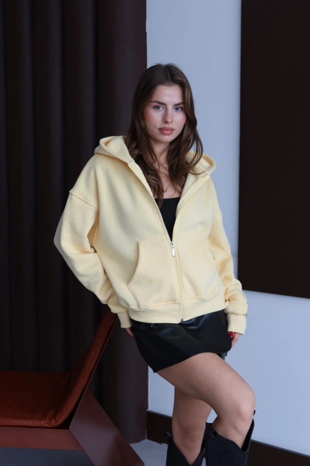 3 iplik şardonlu kapşonlu hoodie frm sarı p510437 M - Sarı