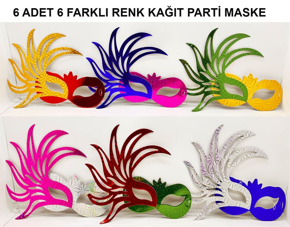 Rengarenk Kağıt Parti Balo Maskesi 6 Adet