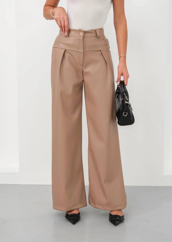 Deri geniş paça beli lastikli pantolon bej h263644