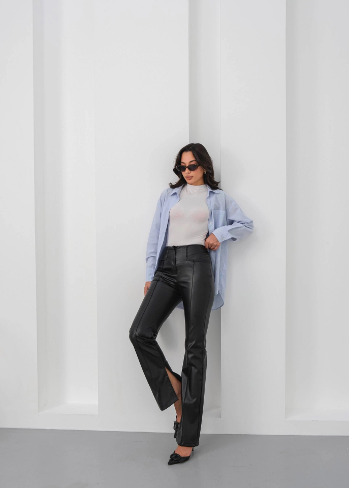 İspanyol yırtmaçlı paça deri pantolon siyah hn