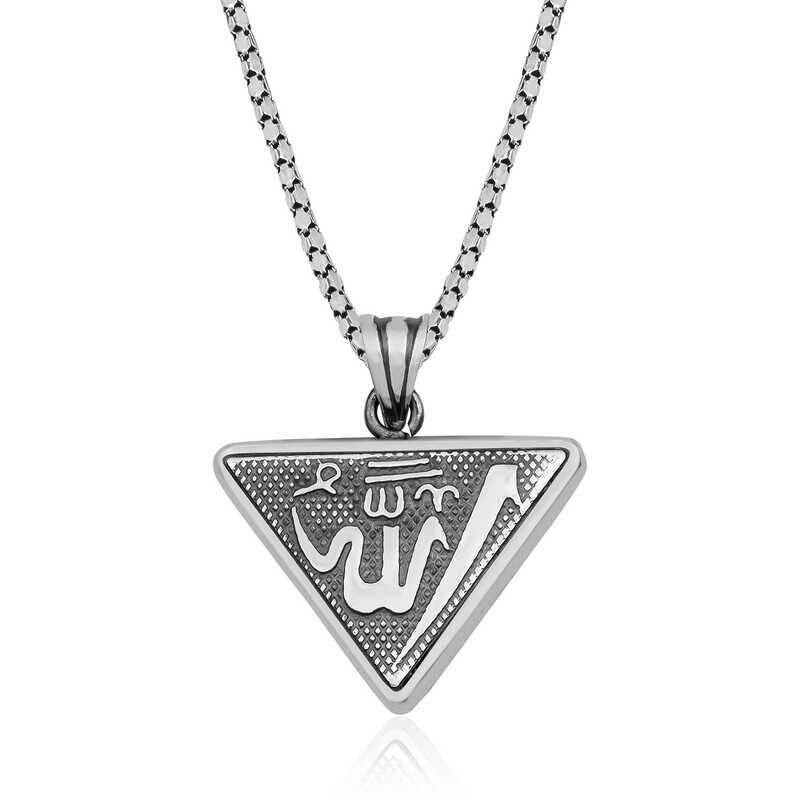 925 Ayar Gümüş Üçgen Allah Yazılı Cevşen Dualı Kolye T6220 (1077)