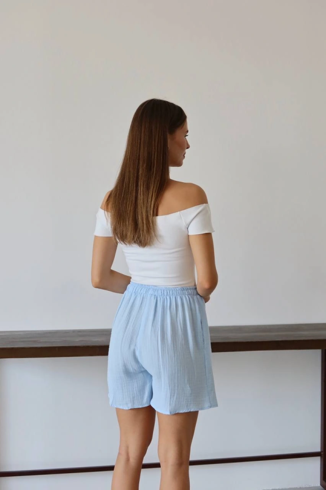 Müslin kumaş şort bağcıklı mavi pt