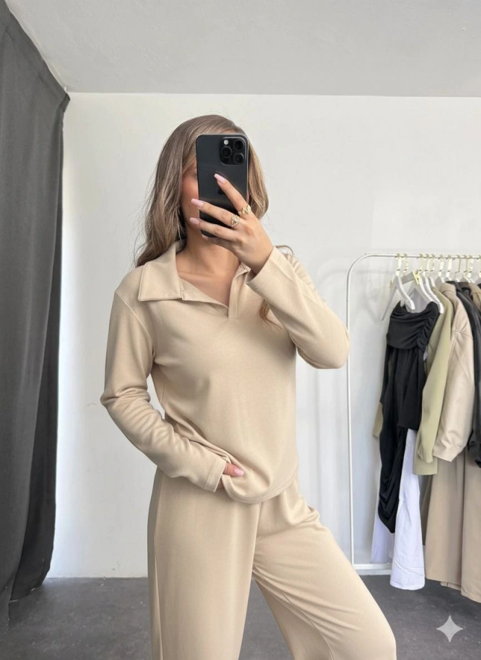 Polo yaka alt üst kollu modal takım bej pt