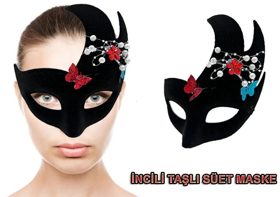 Siyah İncili Taşlı Süet Venedik Parti Maskesi