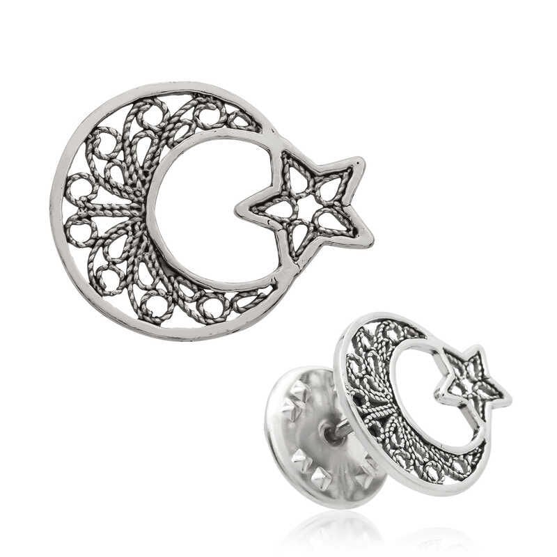 925 Ayar Gümüş Telkari Ay Yıldız Rozet Brs98121018 (1077)