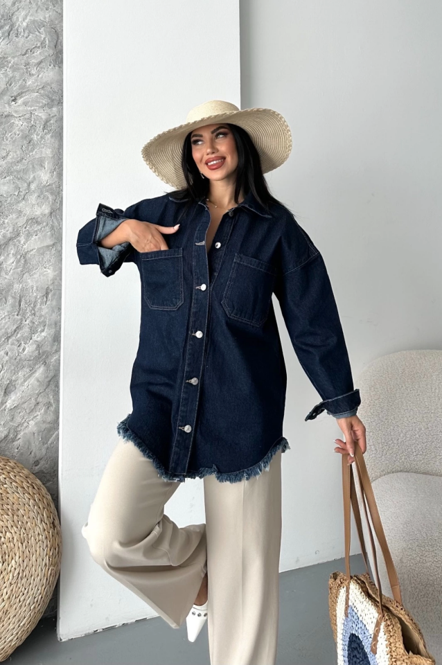 Cepli püsküllü kar yıkama kot ceket koyu mavi d2515