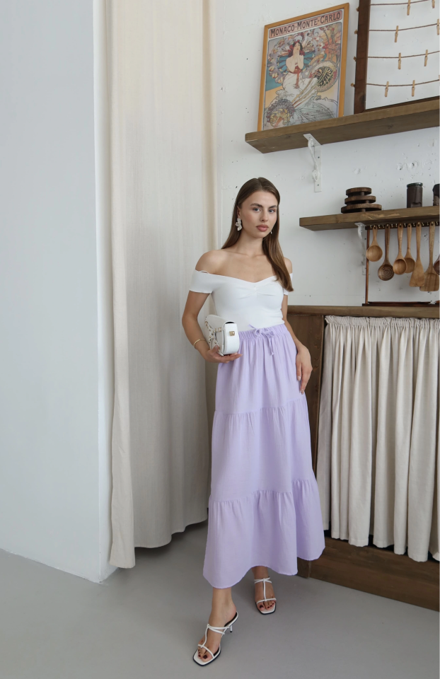 Müslin kumaş keten uzun etek lila pt