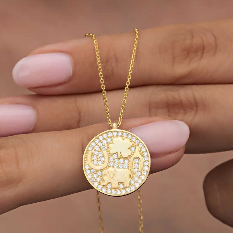 925 Ayar Gümüş Gold Fil Motifli Şans Kadın Kolye T8331 (1077)
