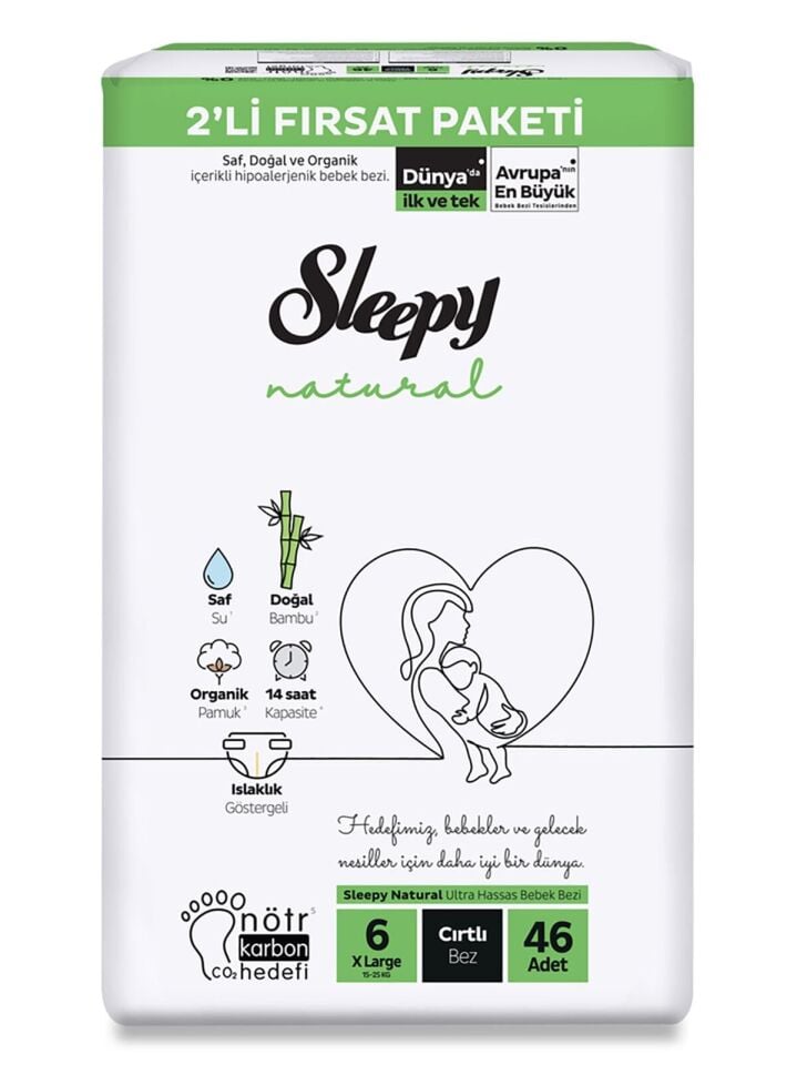 Sleepy Natural Bebek Bezi 2'Li Fırsat Paketi 6 Beden 15-25 Kg 46 Adet