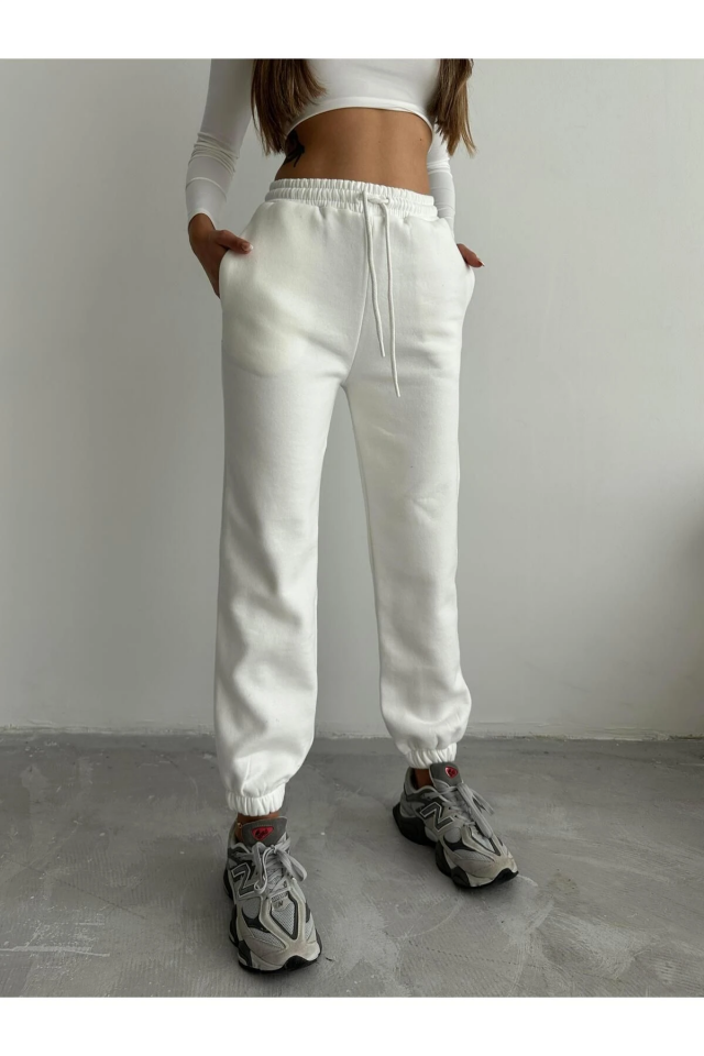 3 iplik şardonlu paça lastikli eşofman beyaz is001