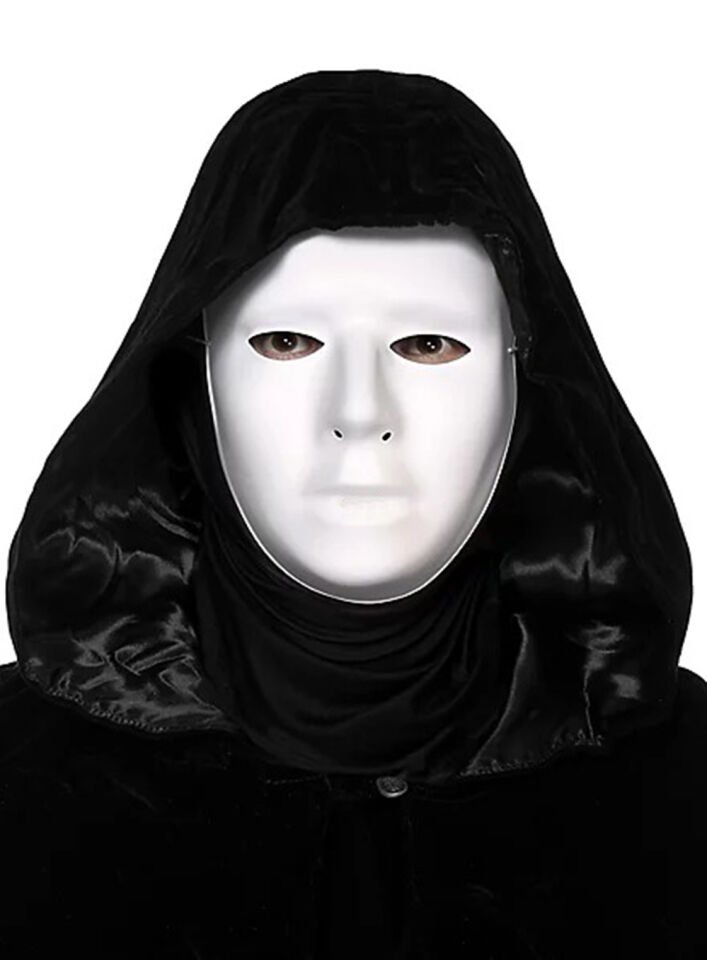 Siyah Kapüşonlu 120 cm Pelerin ve Beyaz Boyanabilir Tam Yüz Maske