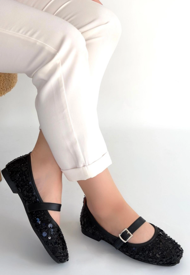 Zaty Siyah Süet Siyah Pullu Babet Ayakkabı