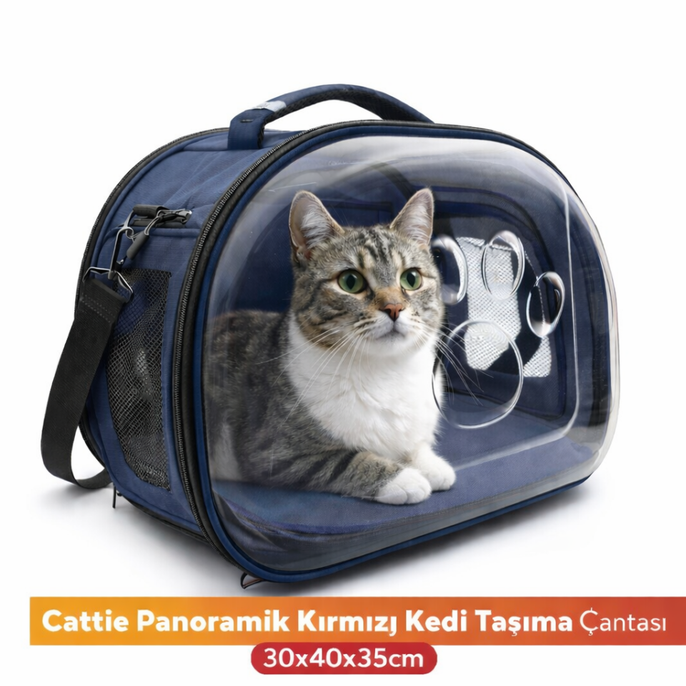 Cattie Panoramik Kedi Taşıma Çantası 30x40x35cm - Koyu Mavi