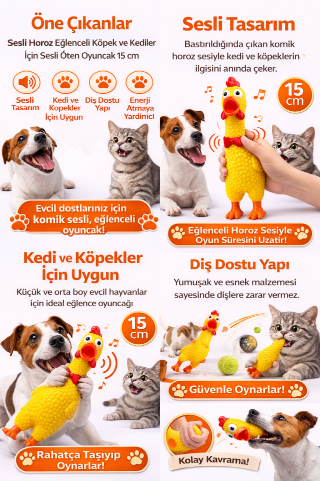 Sesli Horoz Eğlenceli Köpek ve Kediler İçin Sesli Öten Horoz Oyuncak 15 cm