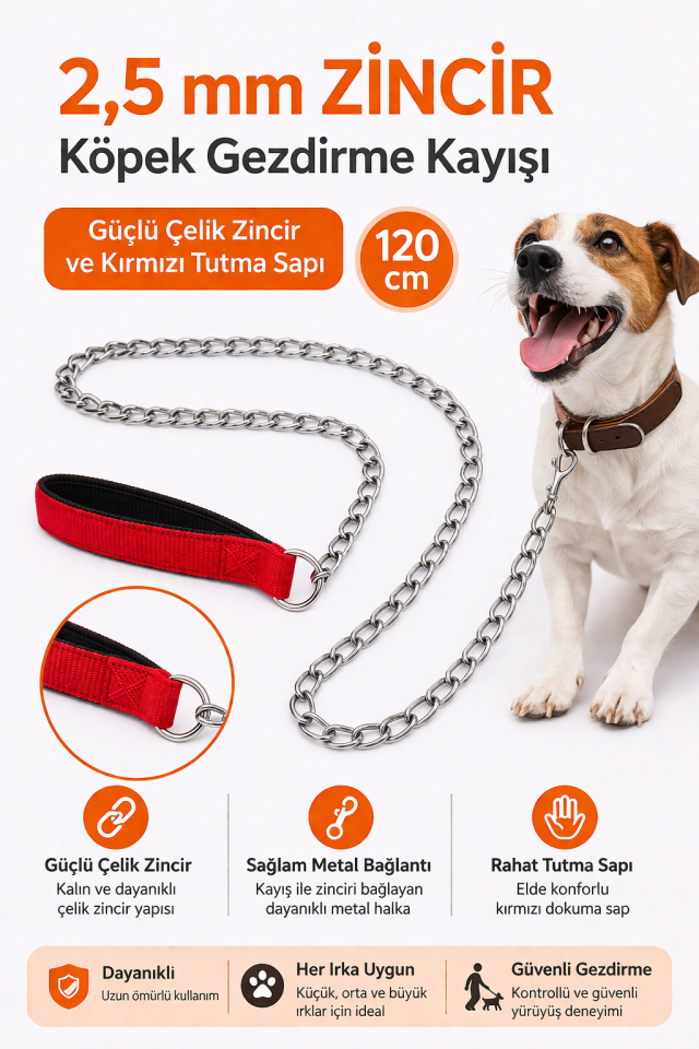 Zincir Köpek Gezdirme Kayışı Dayanıklı Çelik & Ergonomik Tutma Saplı 2,5 mm-120 cm Kırmızı