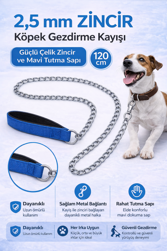 Zincir Köpek Gezdirme Kayışı Dayanıklı Çelik & Ergonomik Tutma Saplı 2,5 mm-120 cm Mavi