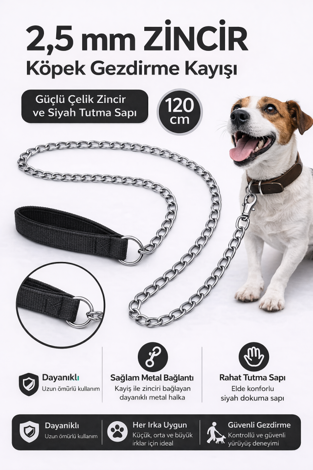Zincir Köpek Gezdirme Kayışı Dayanıklı Çelik & Ergonomik Tutma Saplı 2,5 mm-120 cm Siyah