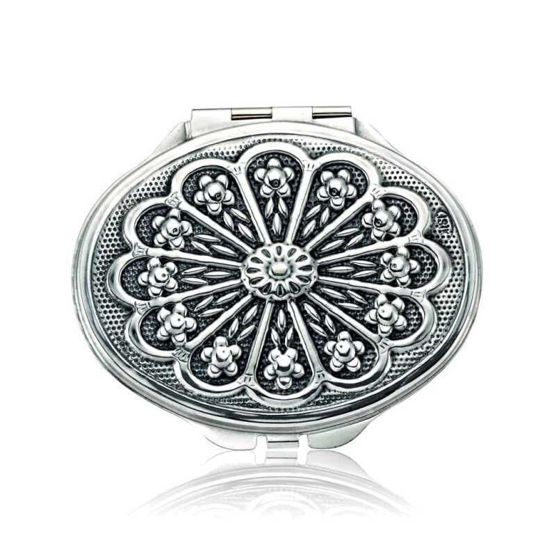 925 Ayar Gümüş Papatya Motifli Kapaklı Oval El Aynası Kr2550057 (1077)