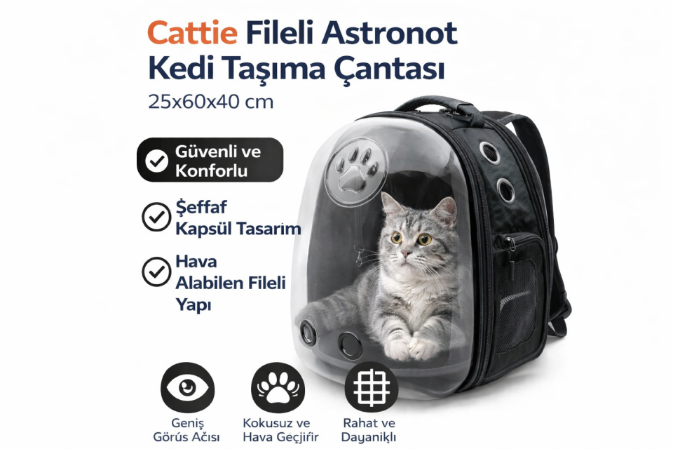 Cattie Fileli Astronot Kedi Taşıma Çantası 25x60x40cm Siyah