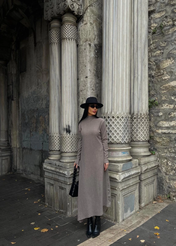 Boğazlı kalın bürümcük uzun elbise vizon