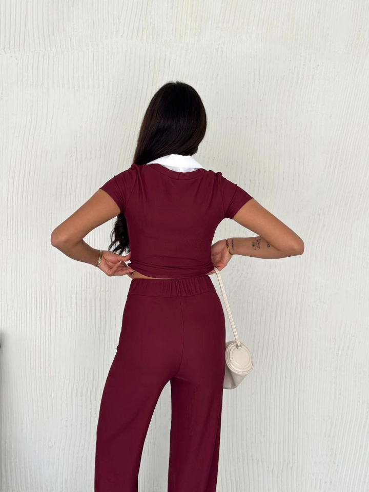 Ottoman kumaş beyaz gömlek yaka takım s4142 XL - Bordo