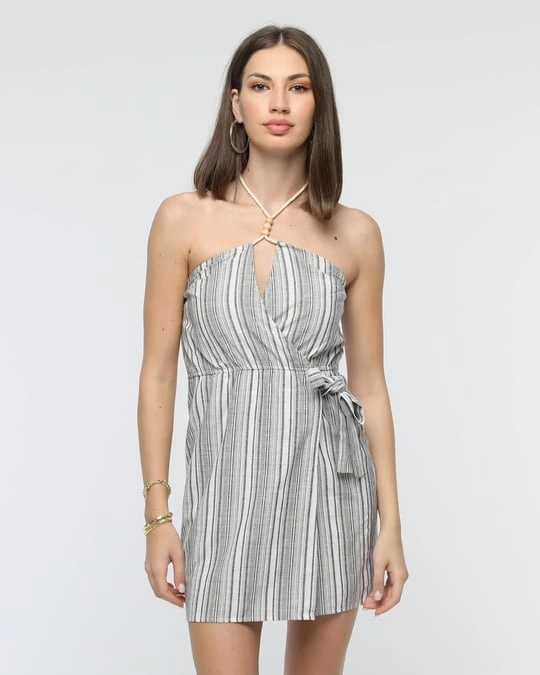 Kuşaklı çizgili mini keten elbise