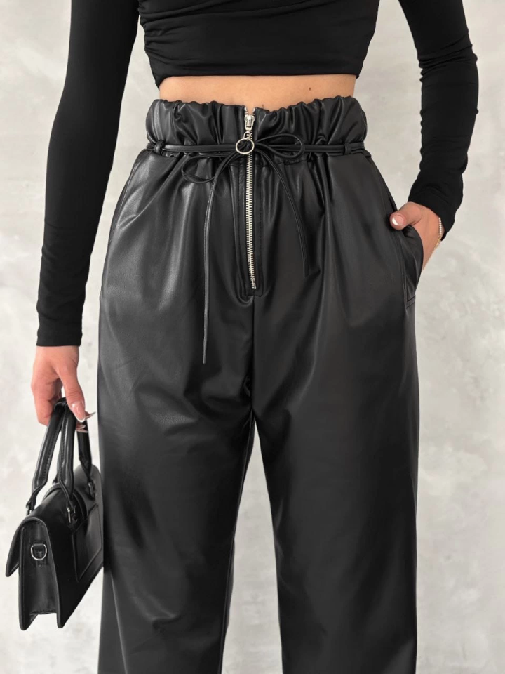 Kendinden ince kemerli deri pantolon siyah t1178 XL - Siyah
