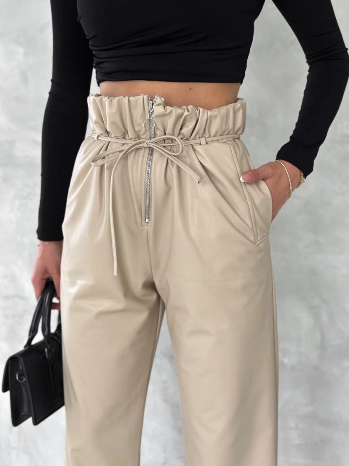 Kendinden ince kemerli deri pantolon bej t1178 XL - Bej