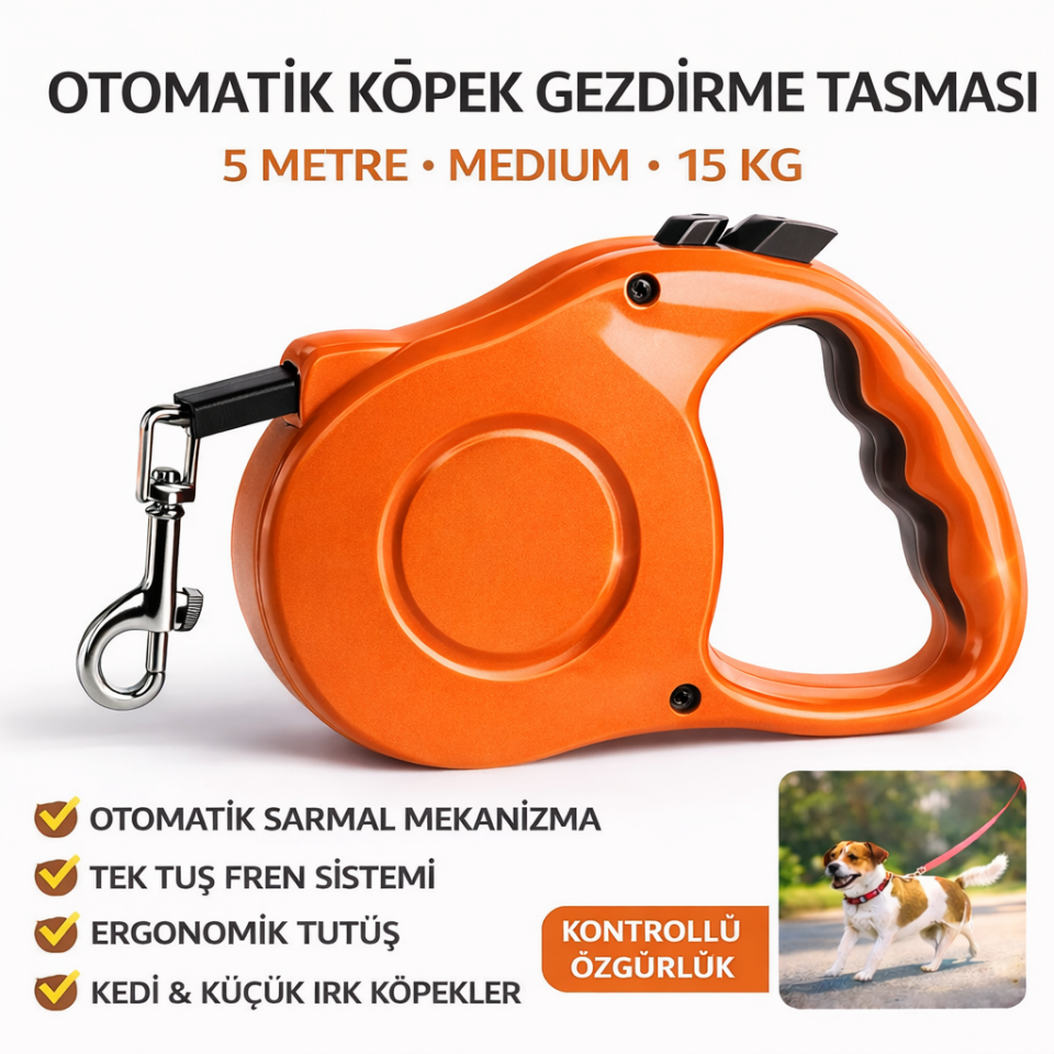 Karamel Pet Otomatik  Köpek Gezdirme Tasması Medium 5 Metre 15 kg Turuncu